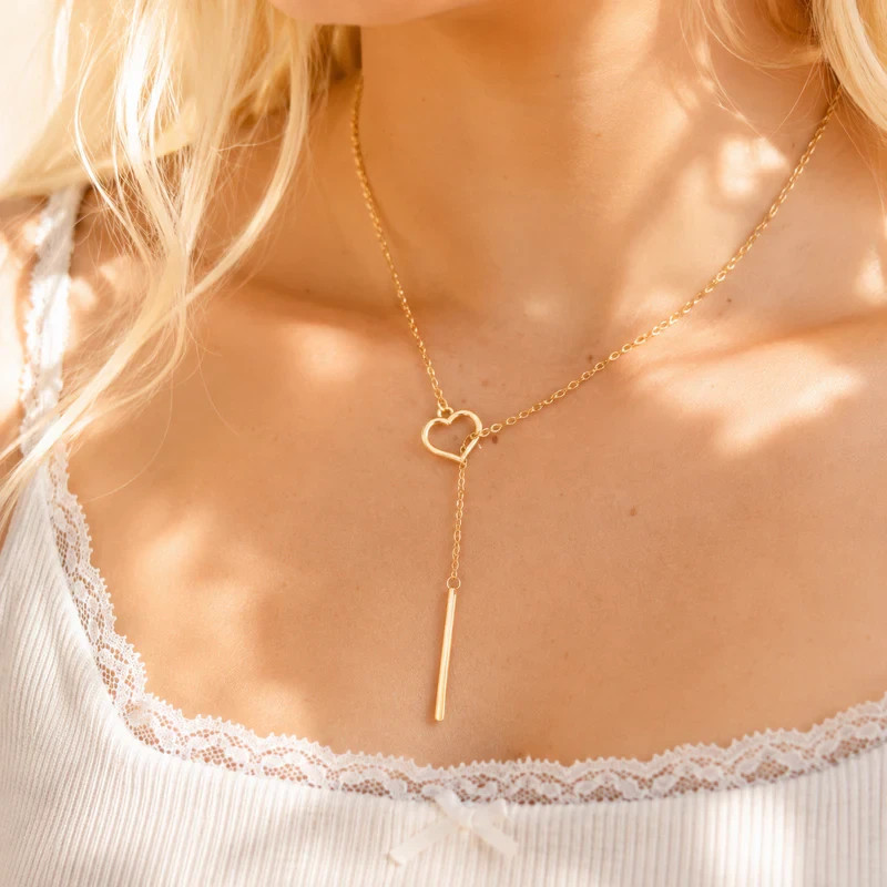 Open Heart Bar Lariat Necklace 18K Gold Plated Y Necklace Minimalist
