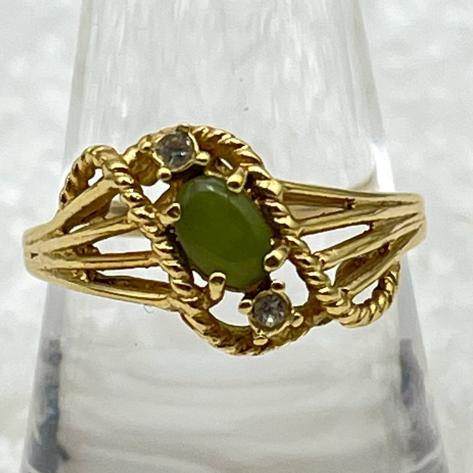 Green Cabochon Cocktail Ring 18K Gold Electroplate Rope Twist Size 8.75