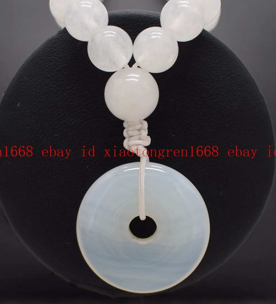 Natural 8mm White Jade & 30mm Circle Donut Gems Round Beads Necklace 16-22in