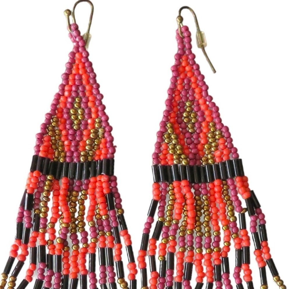 Boho Handmade OOAK Beaded Hanging Earrings Long Lightweight Pink Orange Black
