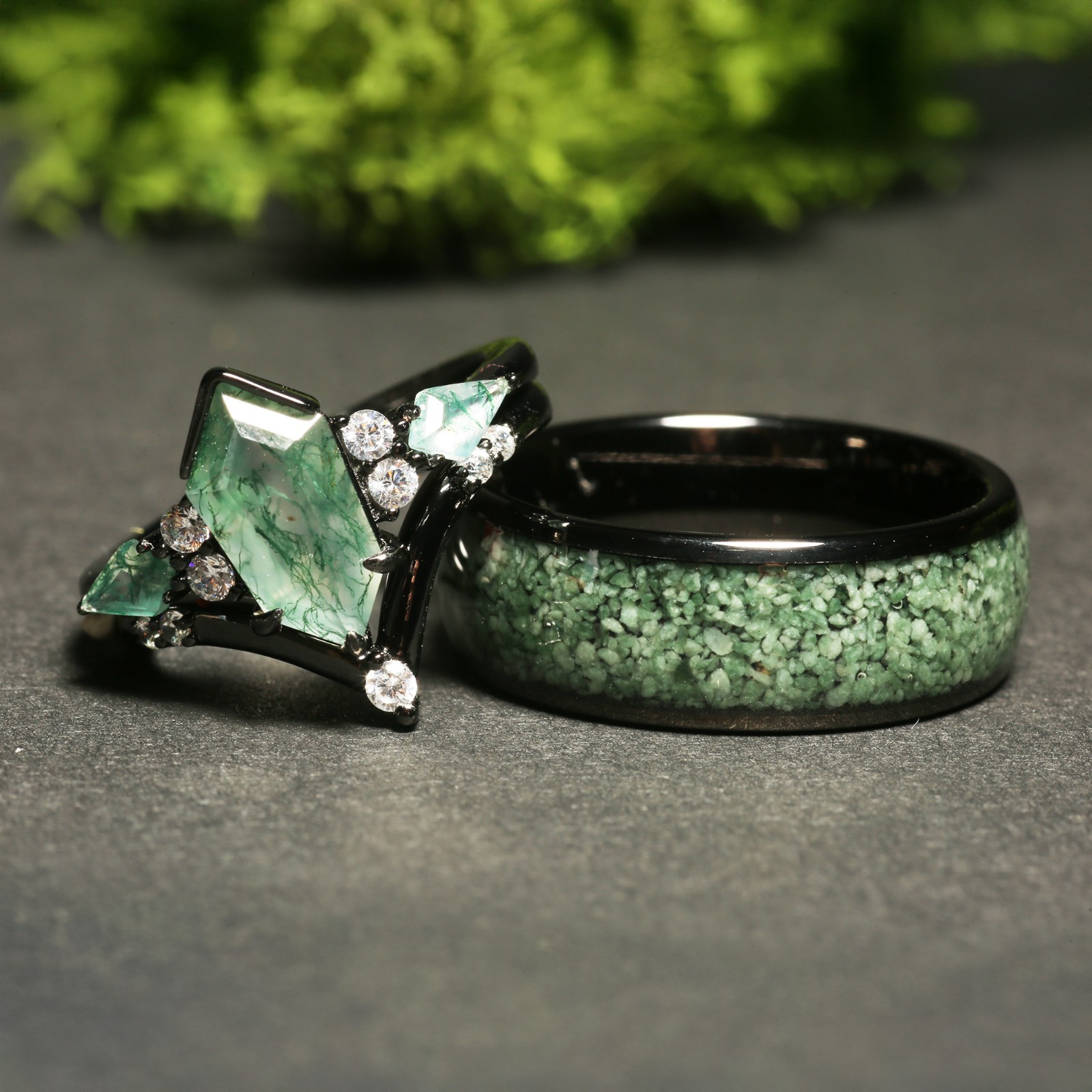 Viridescent Bond – Moss Agate & Black Tungsten His & Hers Couples Rings