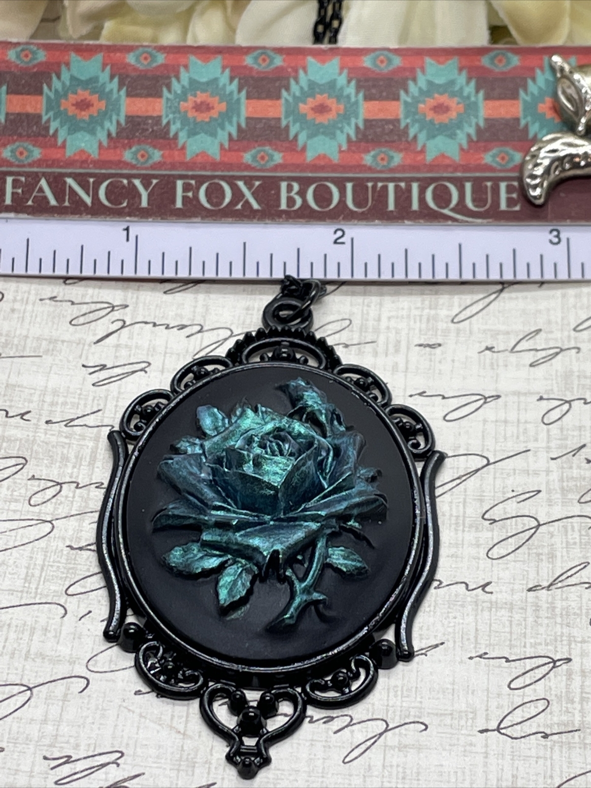 Teal Iridescent Rose Gothic CHRISTMAS Cameo Green Necklace Pendant Victorian