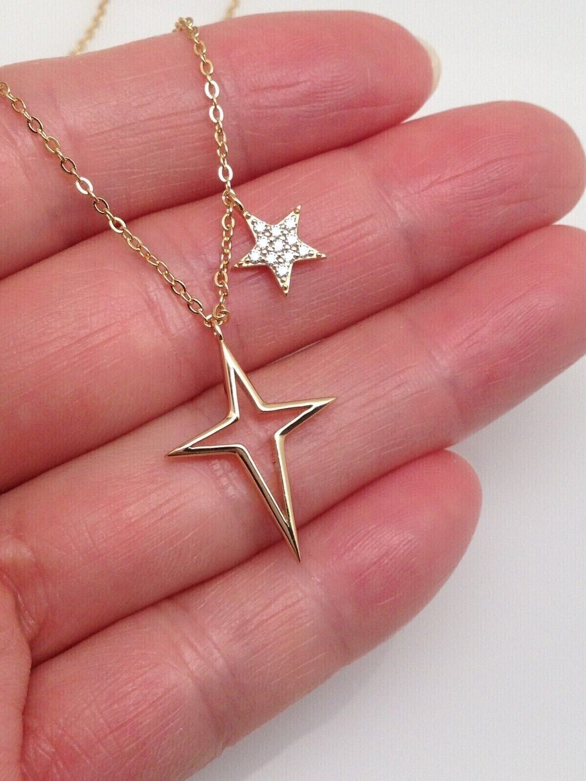 925 Sterling Silver Cz Star & North Star Pendant Charm Necklace Gold 7mm/19mm
