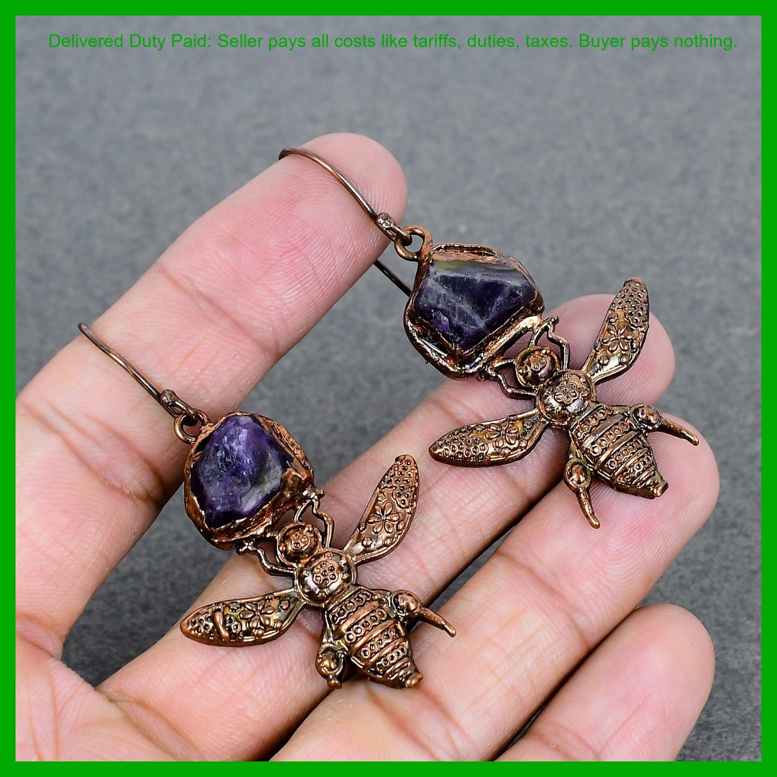 Pentagon African Amethyst Rough Gemstone Copper Mother Gift Boho Dangle Earrings