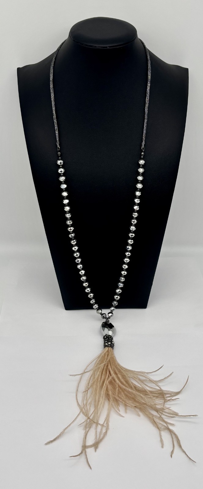 Chico’s Long Beaded Necklace With a Pale Peach Feather Pendant Adjustable Signed