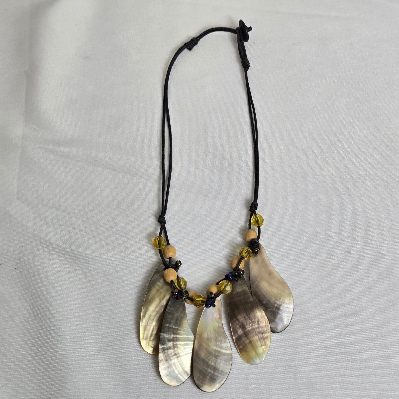 Bohemian Beachy Bib Necklace, Iridescent Pendants Beaded Cord