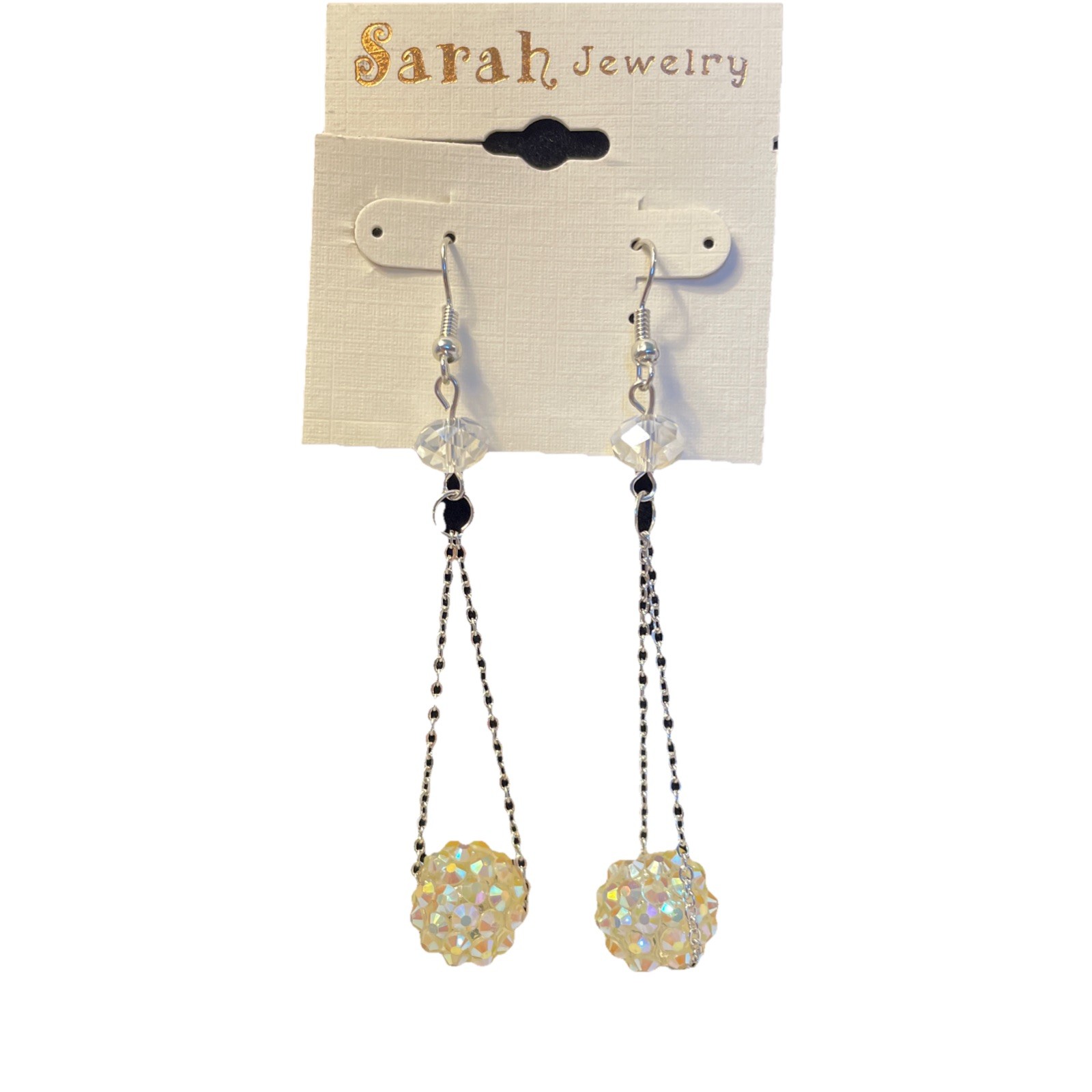 Sparkle White Disco Ball Shamballa Dangle Earrings Silver Tone 3.5 in Chain Drop