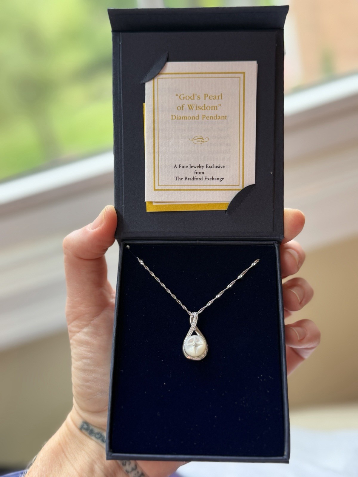 Bradford Exchange God’s Pearl of Wisdom Pearl & Diamond Silver Pendant Necklace
