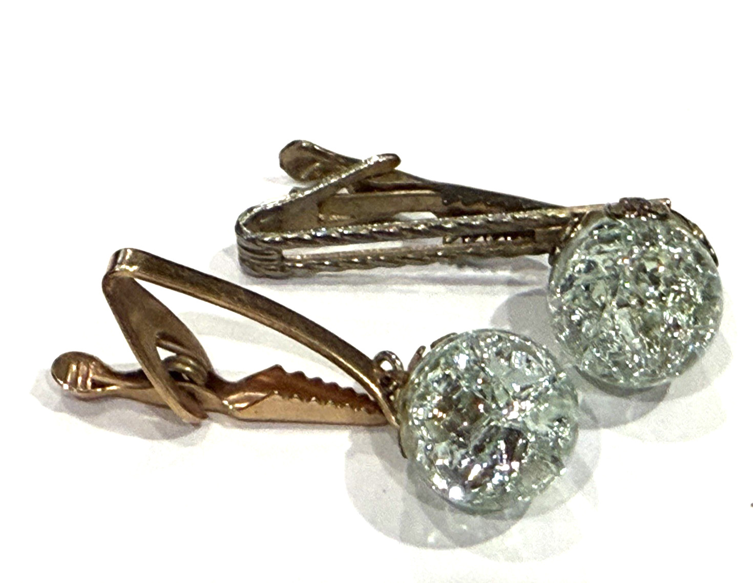 CRACKLE CLEAR GLASS ORB MCM 1960S BAR TIE CLIP MATCHING EARRINGS Vintage SET EU