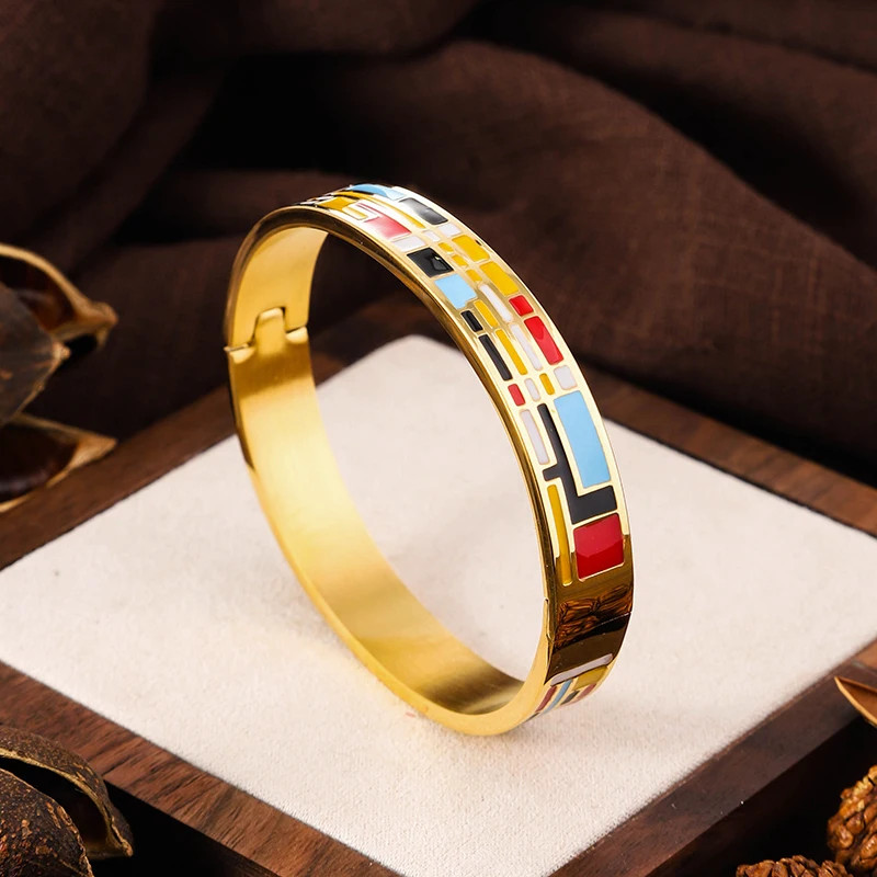 Stainless Steel Enamel Cuff Bangle Women Gold Tone Geometric Round Jewelry