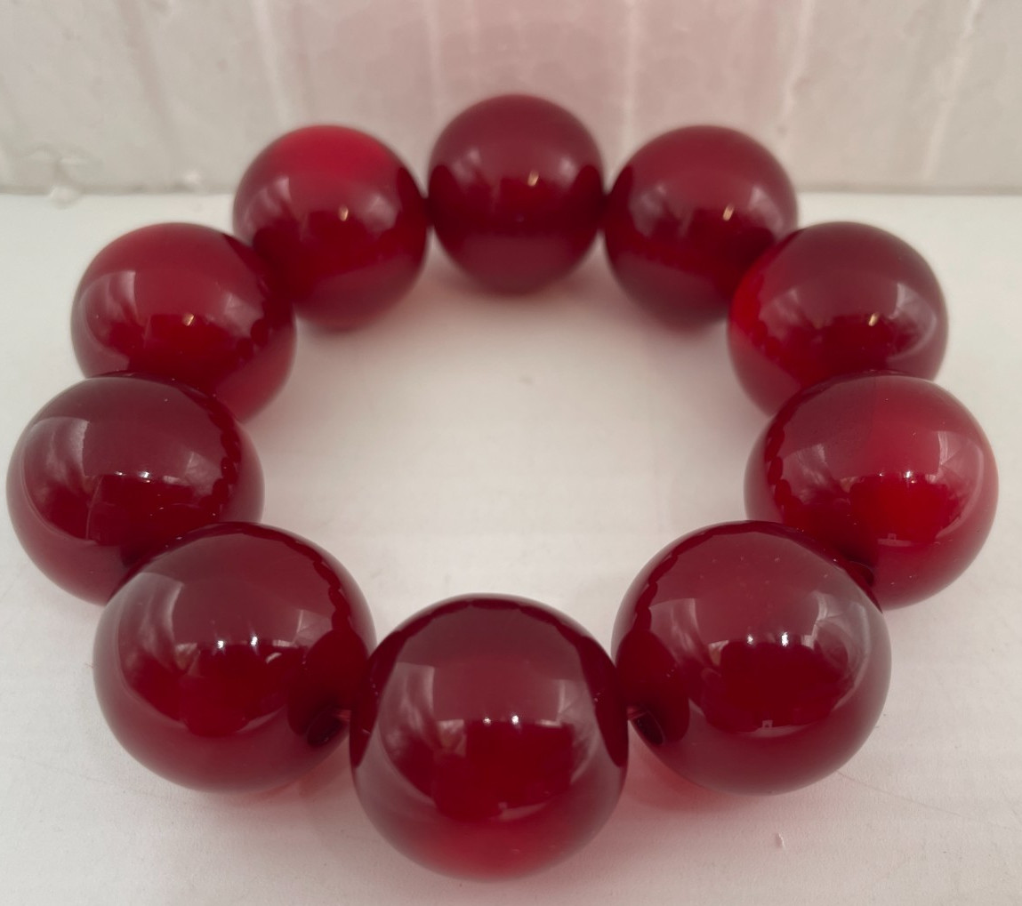 Cherry Red Bead Bracelet, Bakelite? See description. N7