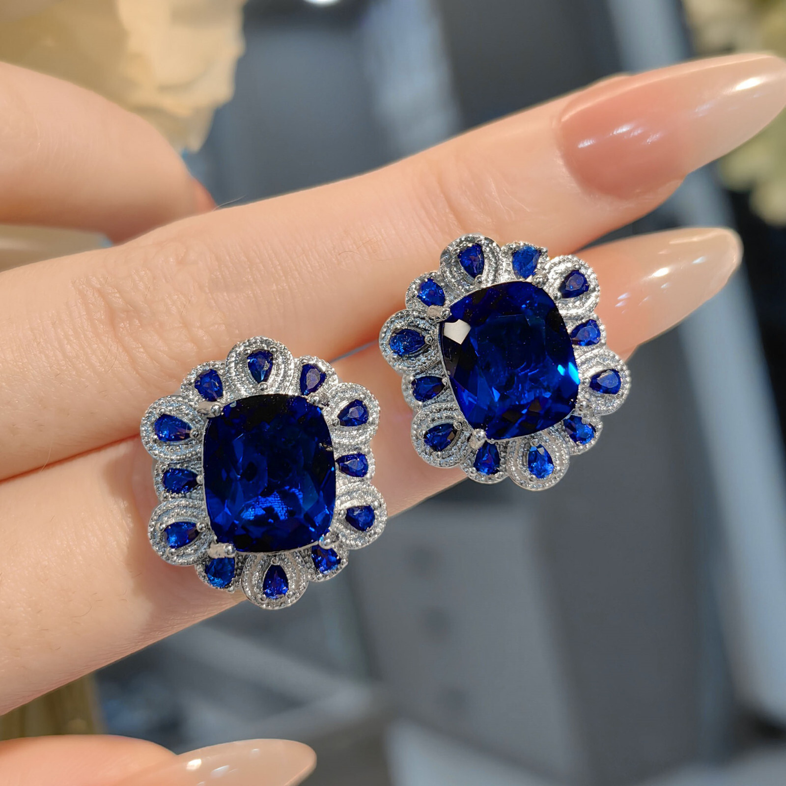 3pc European Royal Blue Topaz Gemstone Luxury Women Silver Necklace Ring Earring