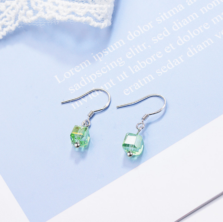 925 Sterling Silver Cube Crystal Drop Dangling Earrings Gift 6x6mm PE42