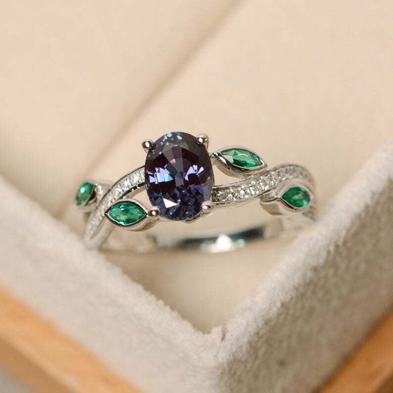 2Ct Oval Cut Simulated Alexandrite Engagement Ring 14k White Gold Plated Silver