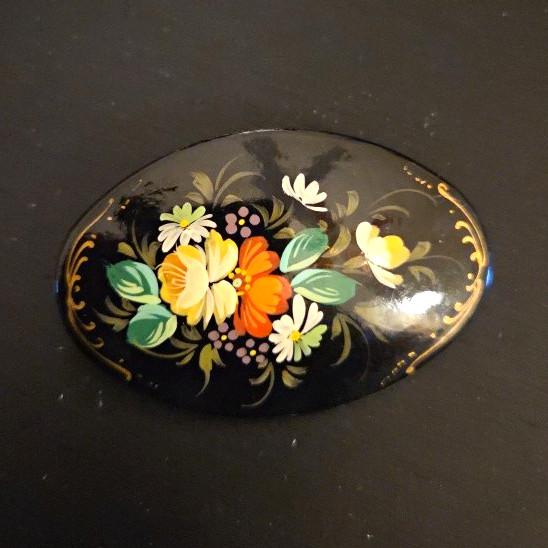 Wood Oval Black Hand-Painted Floral Brooch Pin Multicolor 2.5 in