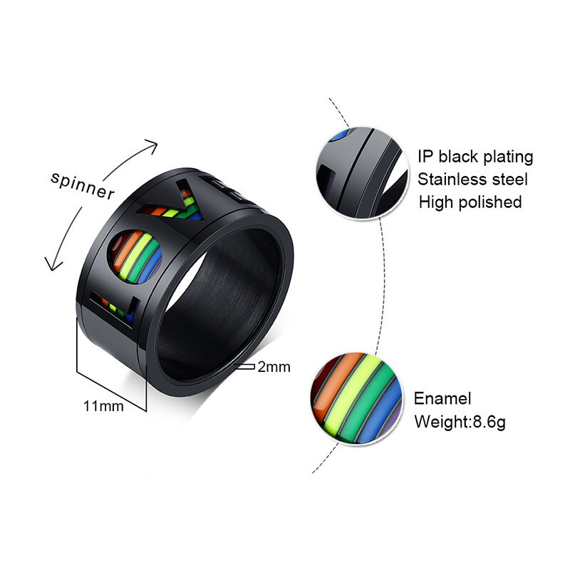 Pride Shack – Black Rainbow LOVE Spinner Ring LGBTQ Lesbian Gay Pride Ring Steel