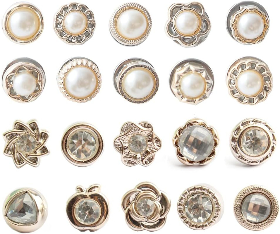 20Pcs Women Shirt Brooch Buttons Pearl No Sew Button Pins Safety Rhinestones Min