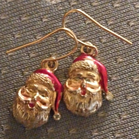 Gold Tone Red Enamel Santa Claus Face Dangle Hook Earrings Christmas