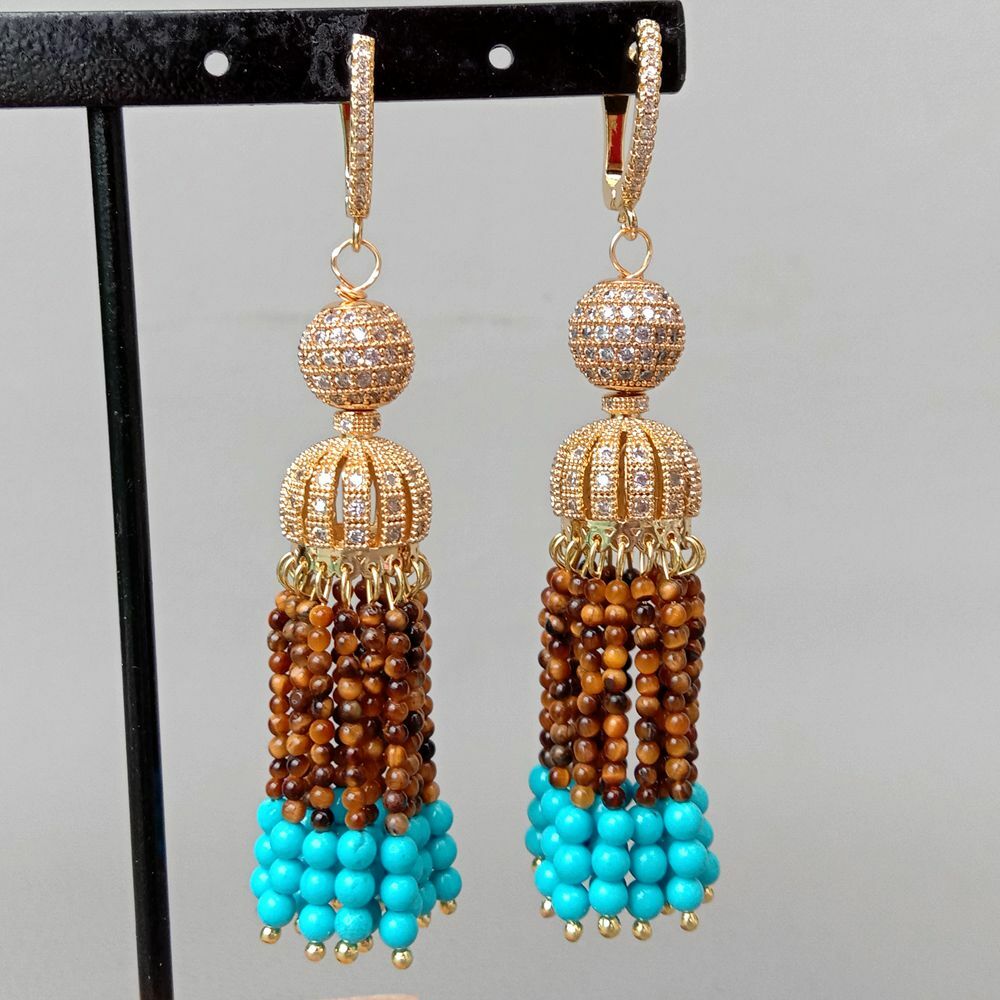 yellow Tiger Eye Blue Turquoise Cz pave Cap Leverback Earrings