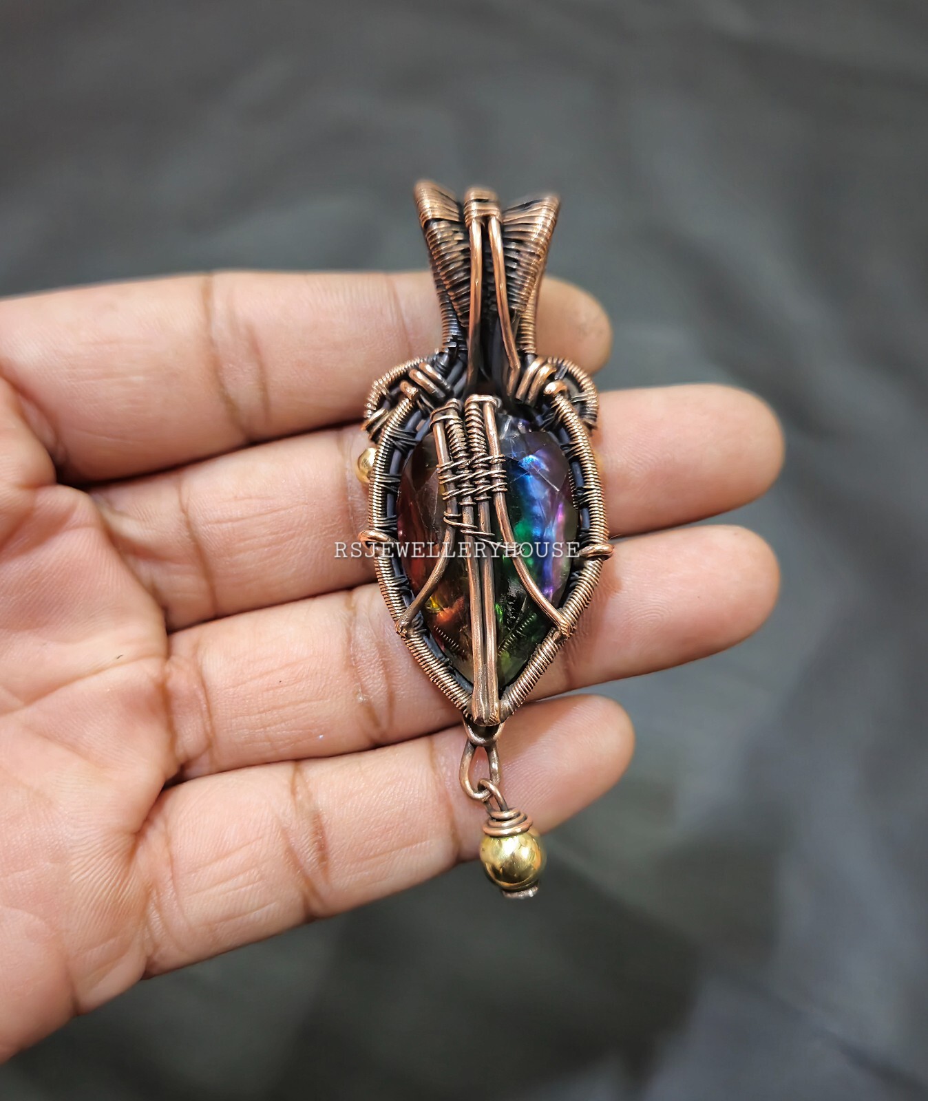 Faceted Ammolite Pendant Copper Wire Wrapped Pendant Handmade Pendant Jewelry