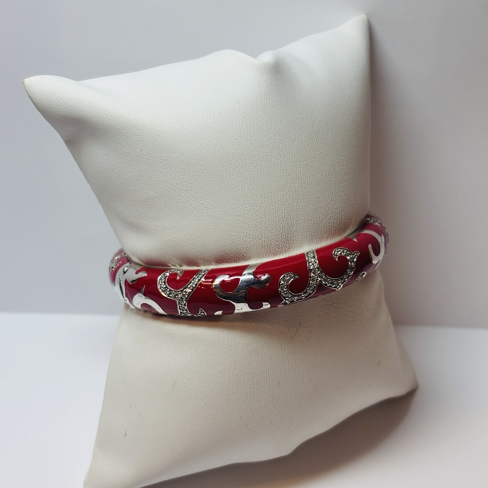 Belle Etoile Sterling 925 Silver Red Enamel Royale CZ Bangle Bracelet 7 in-1.3