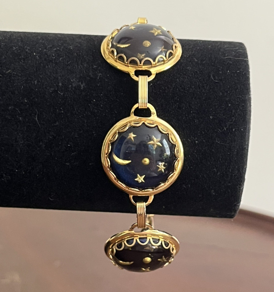 Blue and Gold Tone Celestial Bracelet Moon Stars Glass Dome 7.25″