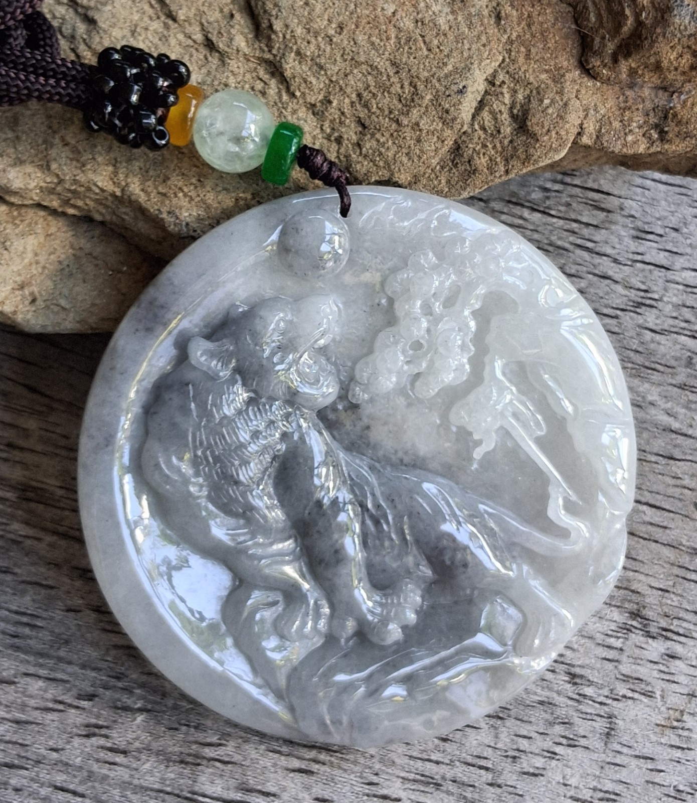 Natural Gray White Jade Round Carved TIGER Pendant Necklace on Cord w/Beads 56mm