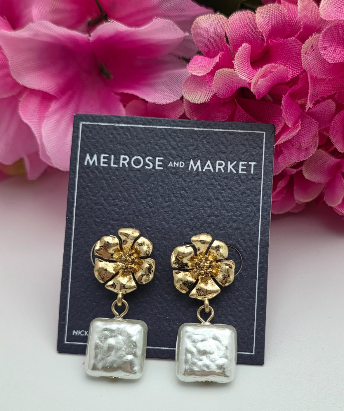 Melrose And Market Flower Drop Earrings Gold Tone Faux Pearl 1.25 In Nickel Free