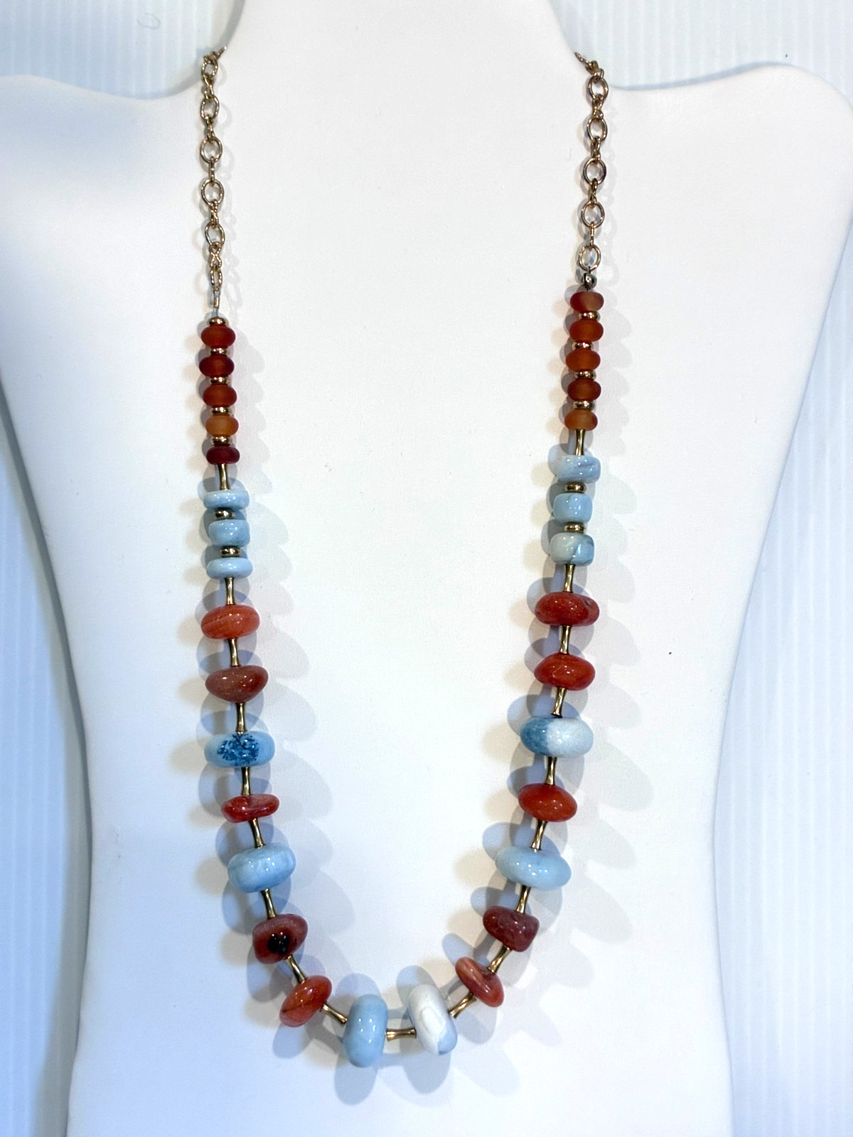 Boho Chunky Natural Gemstones -light blue, red/orange, brass, long 20″ – 24″