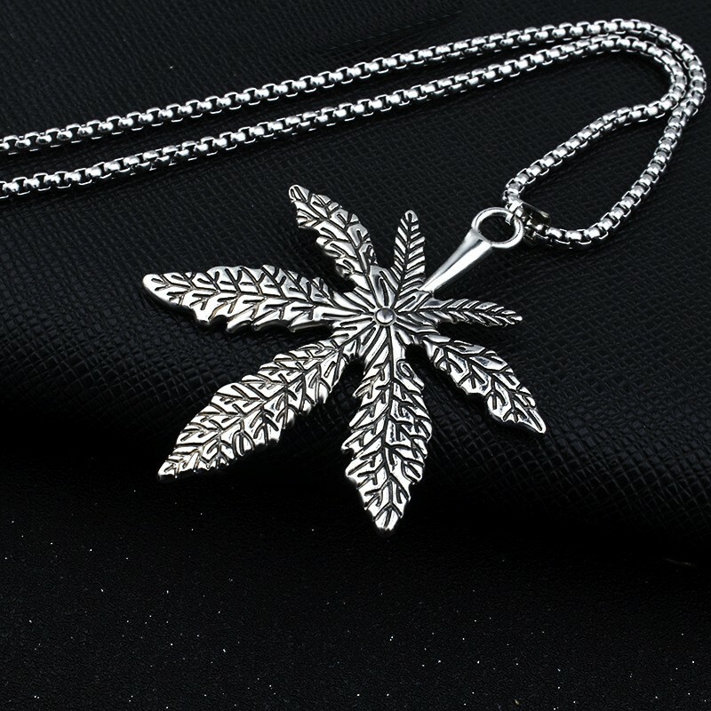 MEN Stainless Steel 3D Large Cannabis Marijuana Leaf Pendant Necklace 0818