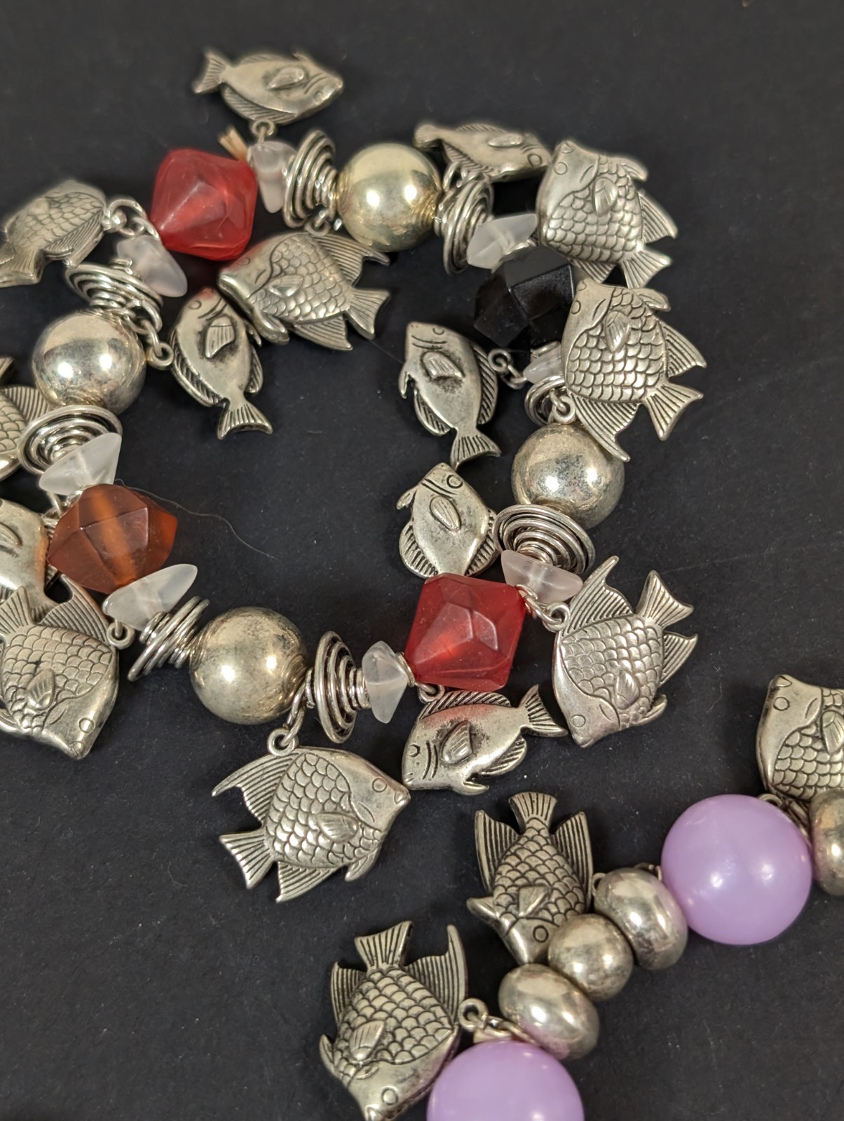5 Beachy Beaded Bracelets Lot Silver Tone Metal Beads With Charms Fish Shrimp