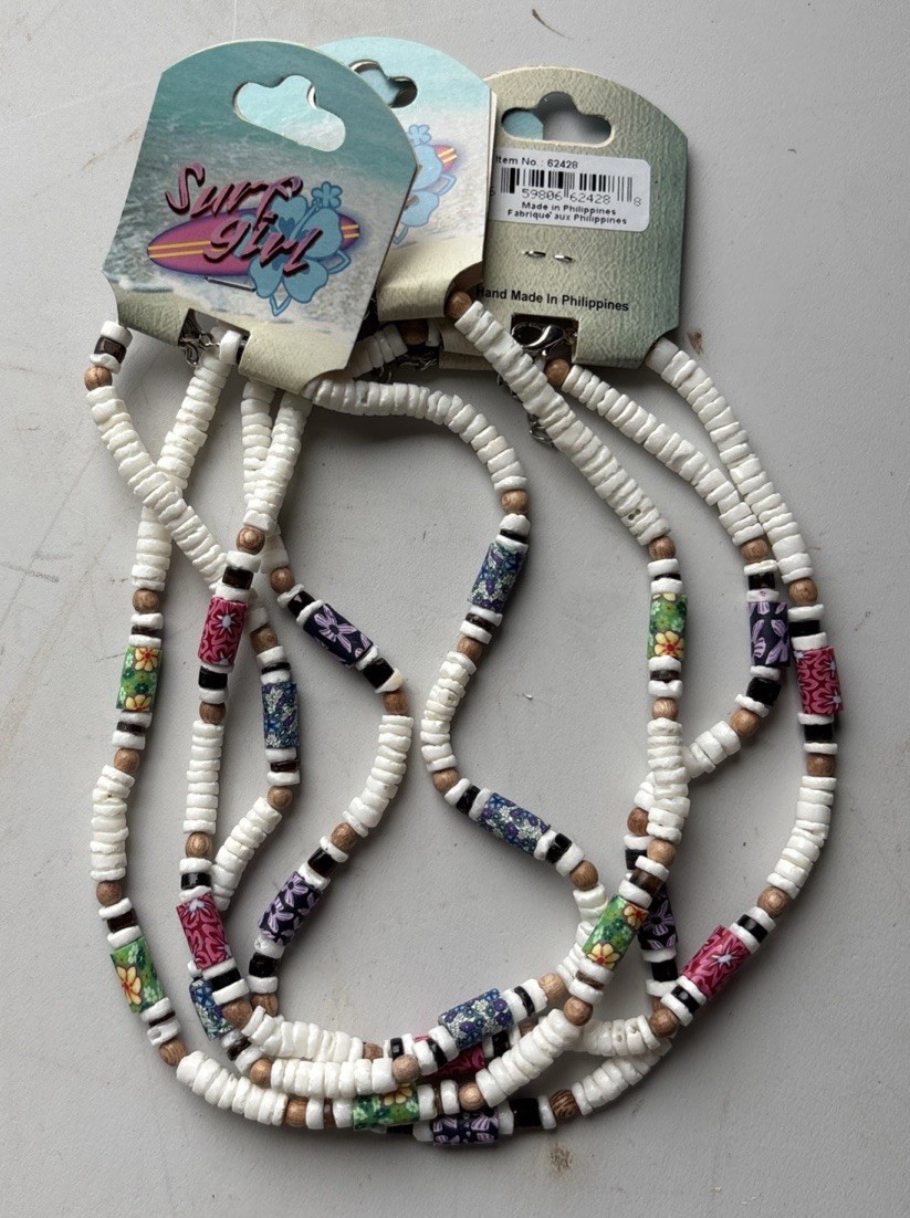 LOT OF 4 different Colors SURFER GIRL NECKLACES Coco Shell & Beads NEW ON CARDS
