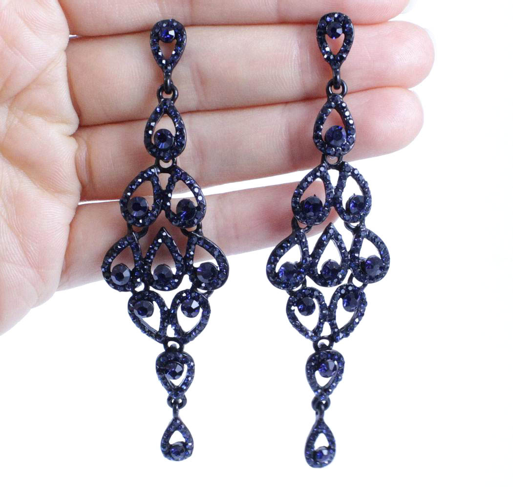 DROPS AUSTRIAN CRYSTAL RHINESTONE BLUE CHANDELIER DANGLE EARRINGS BRIDAL E2088B