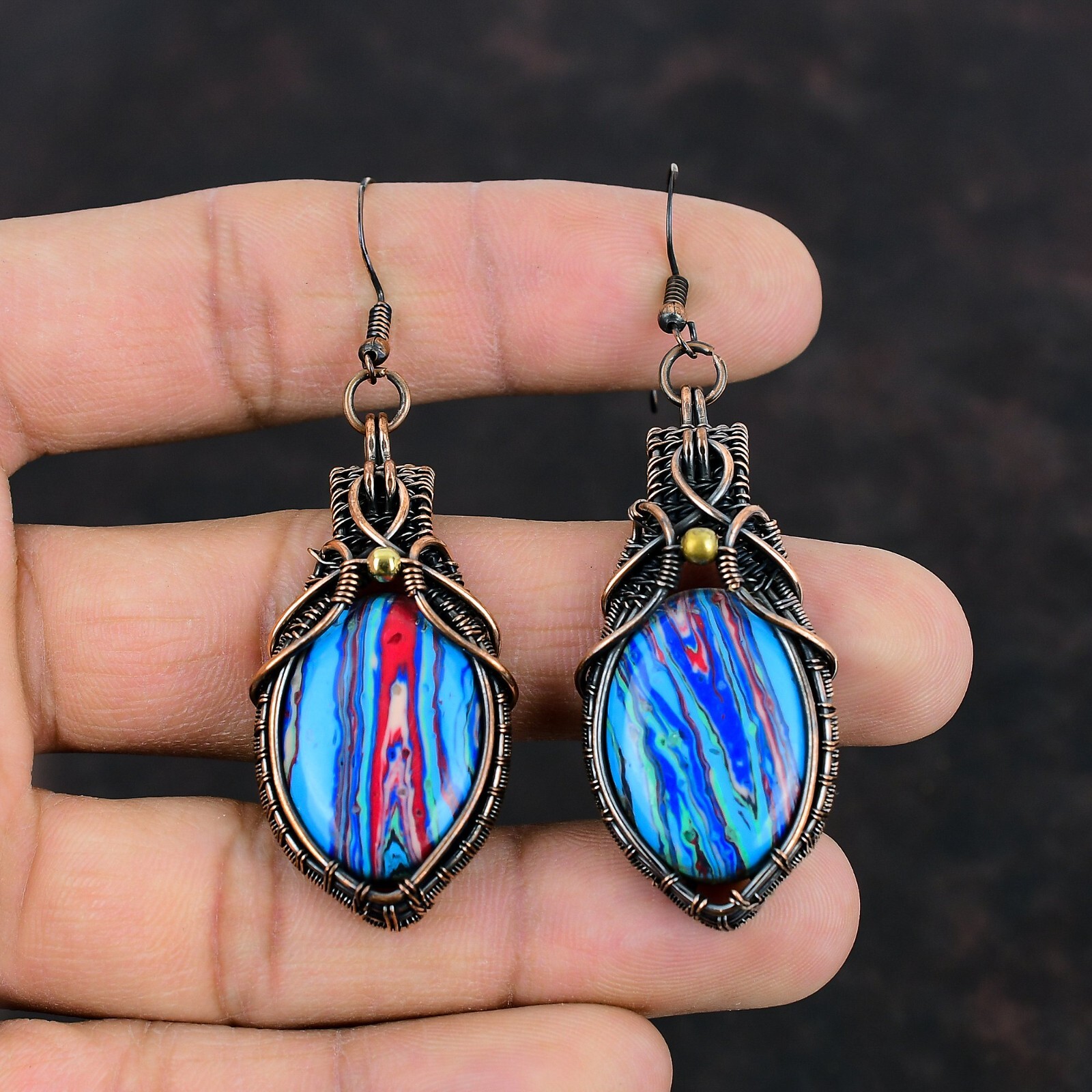 New Year Deal Rainbow Calsilica Stone Copper Drop Dangle Wire Wrapped Earrings