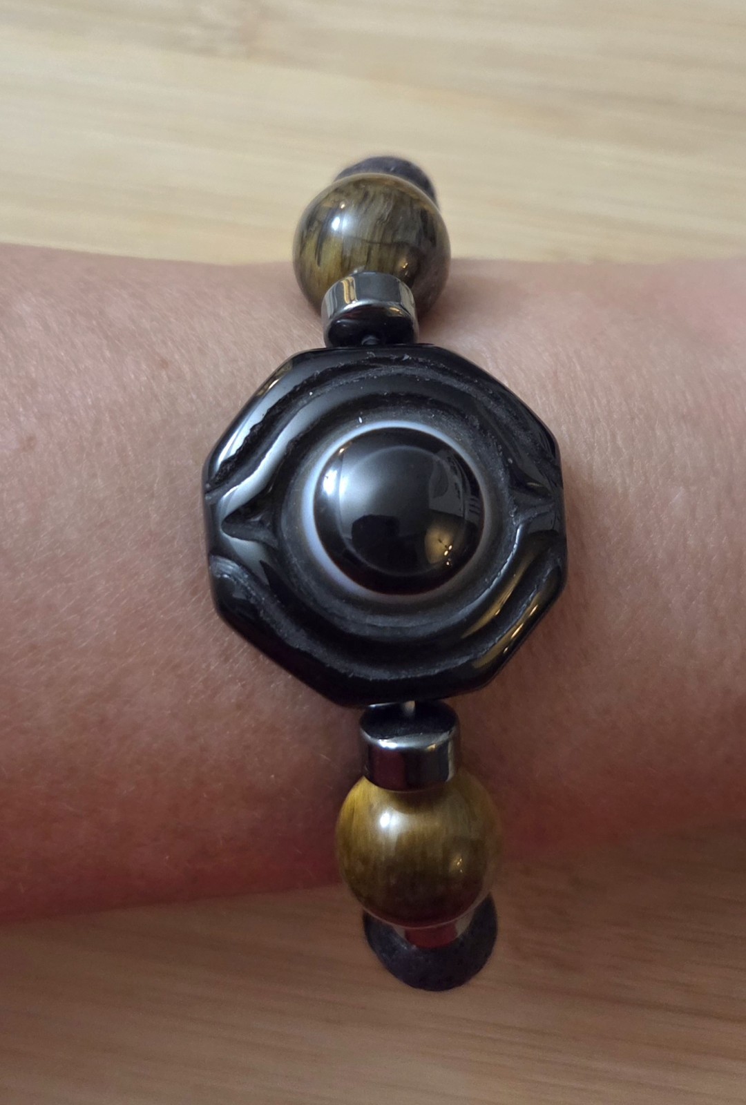Mens bracelet with double Dzi: Dragon eye and ying yang with natural Stones.