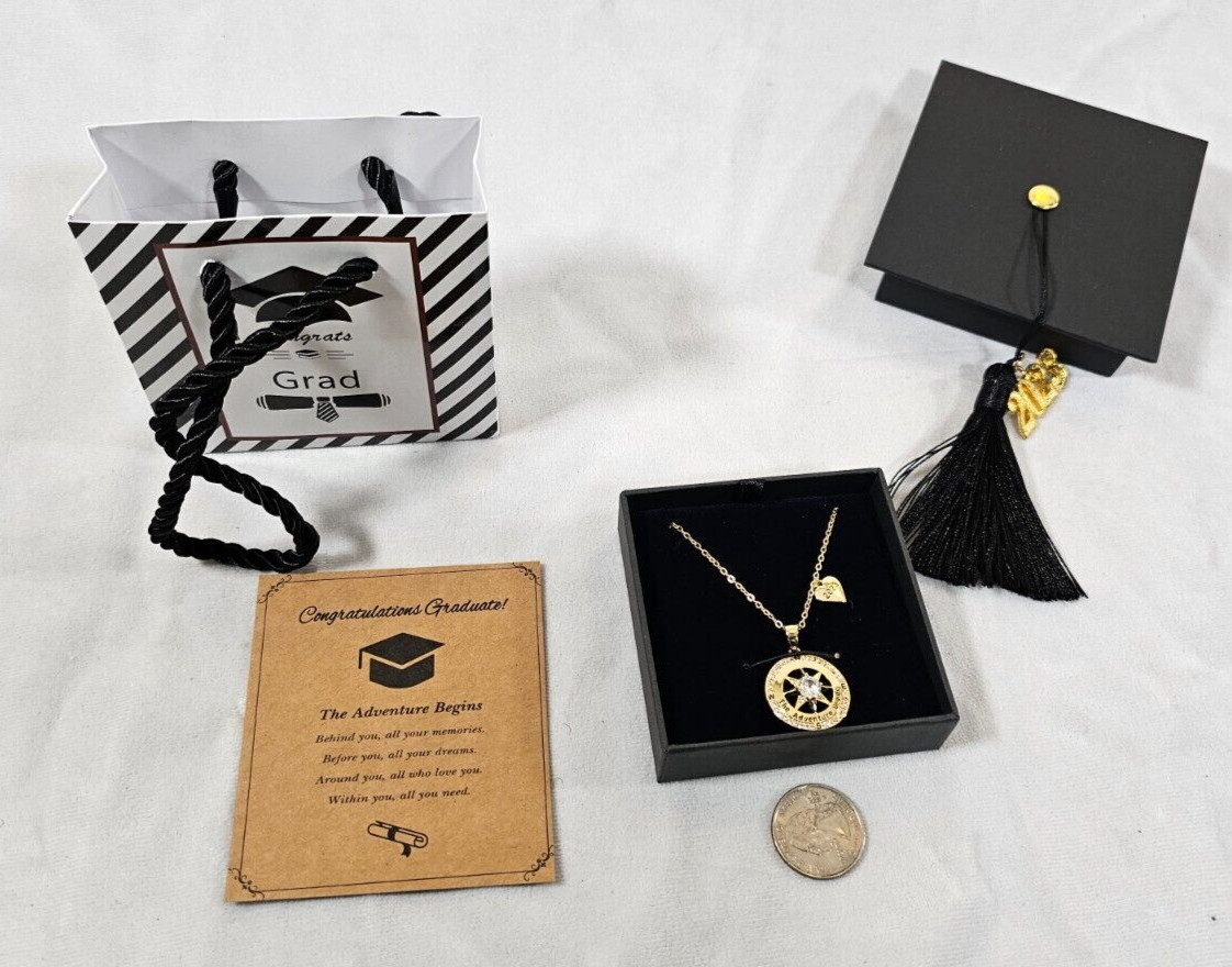 Gold-Plated 925 Sterling Silver Compass 2023 Graduation Necklace 17.7 in + 2