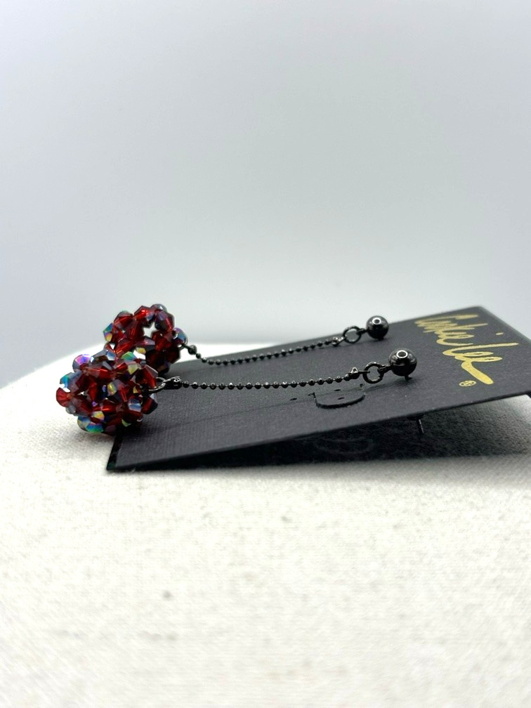 Cookie Lee Red Aurora Borealis Glass Bead Ball Drop Gunmetal Tone Earrings NWT