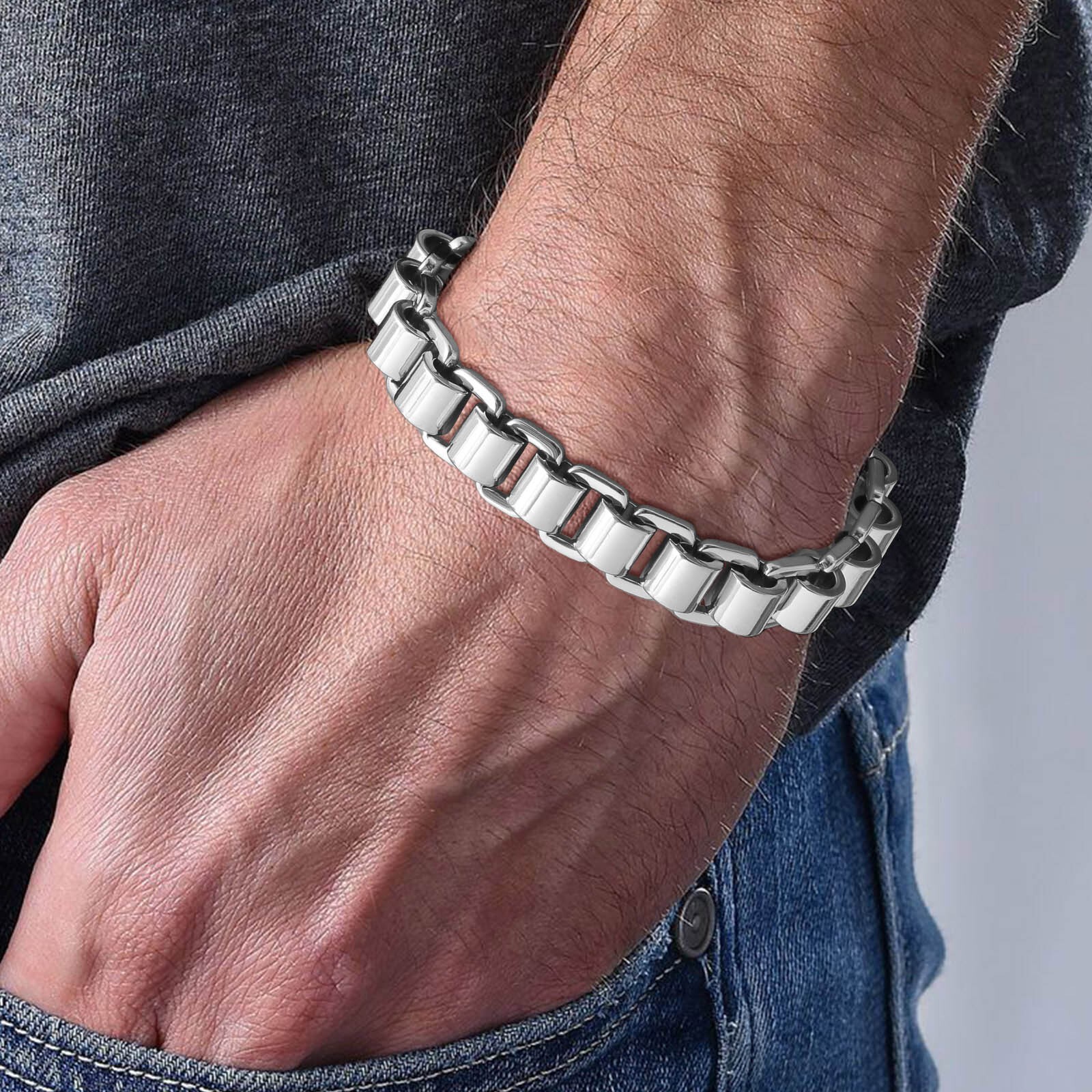 Stainless Steel Chunky Handmade Rolo Link Bracelets Paperclip Wristband Unisex