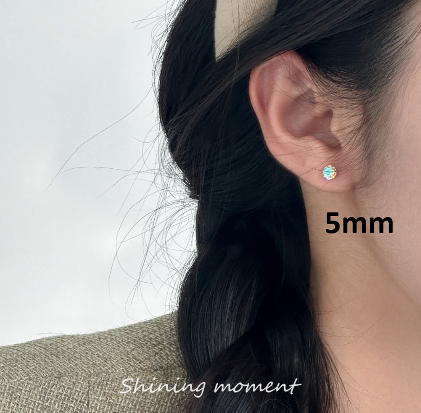 S925 Sterling Silver Tiny AB Crystal Round Girl Women Stud Post Earrings 3/4/5mm