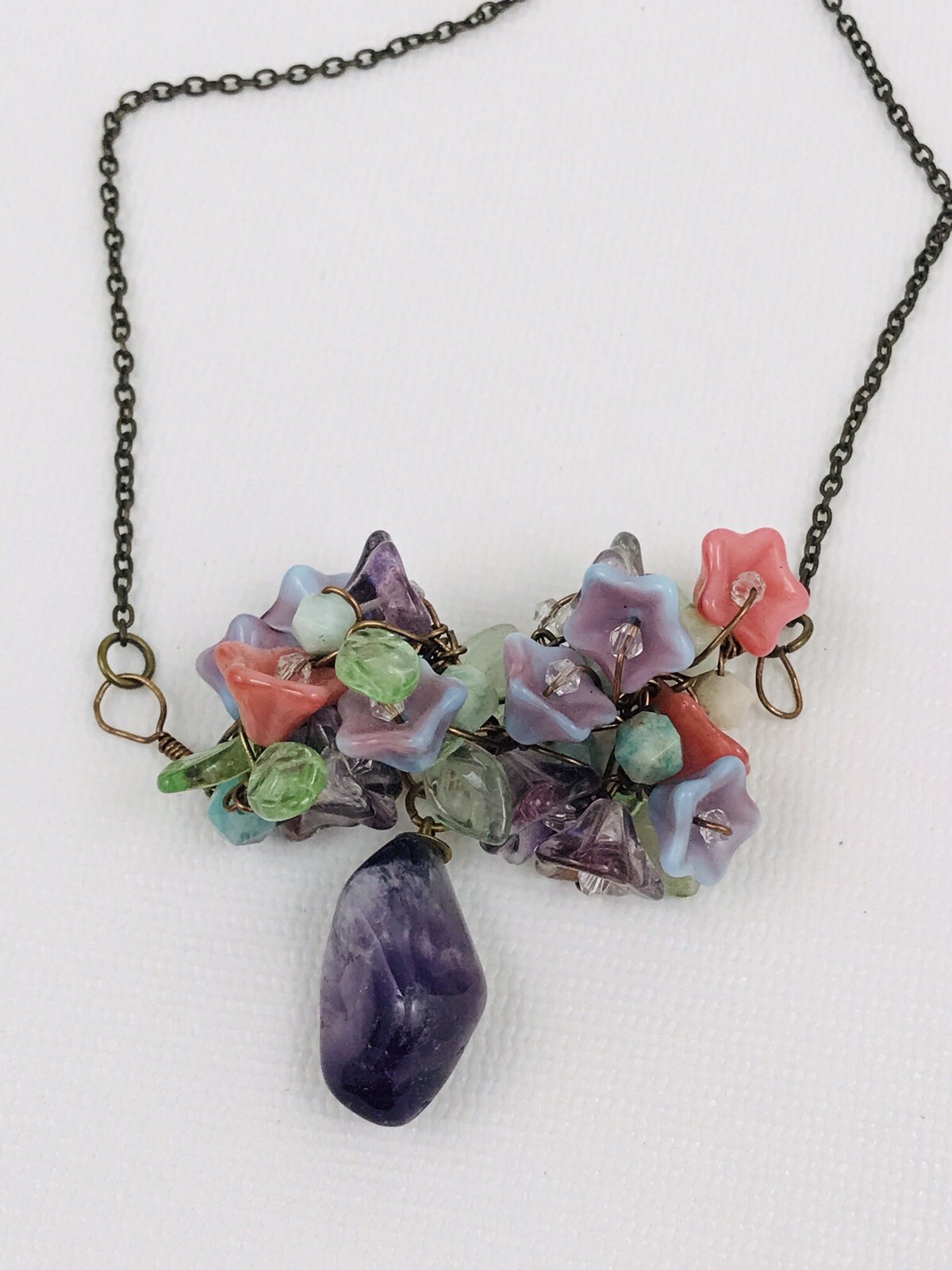 Amethyst Cluster Stone Drop Wire Wrap Necklace Glass Flower 18.5″