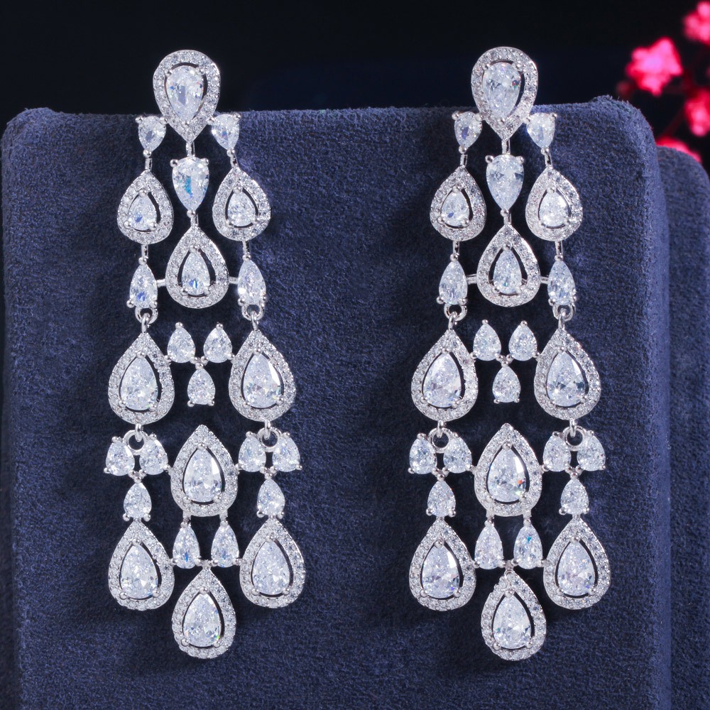 Gold Plated Long Teardrop Chandelier Drop Earrings Zirconia Wedding Jewelry Gift
