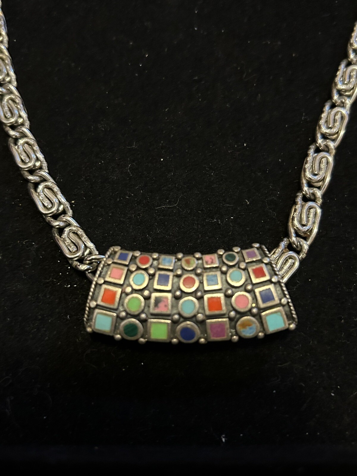 Mosaic Slide Pendant On Silver Tone Celtic Scroll Chain 28 Inches