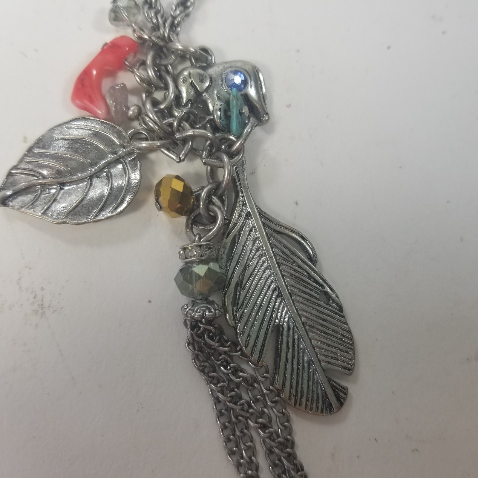 Silver Tone Feather Dangle Charm Long Necklace Tassle Faux Turquoise Boho 32-35″