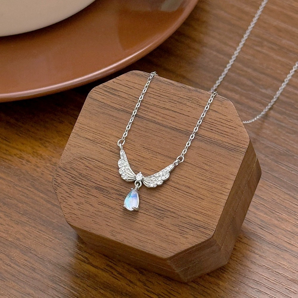 Sparkly CZ Angel Wing Necklace Teardrop Iridescent Moonstone Drop Clavicle Chain