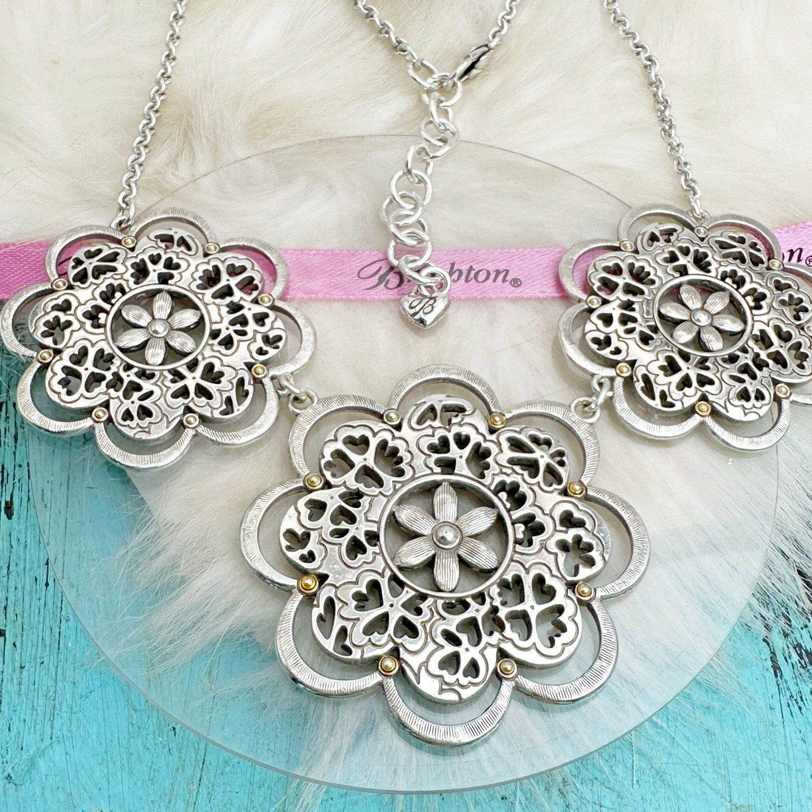 Brighton Adagio Triple Flower Reversible Necklace Bib Collar Silver Gold Plate