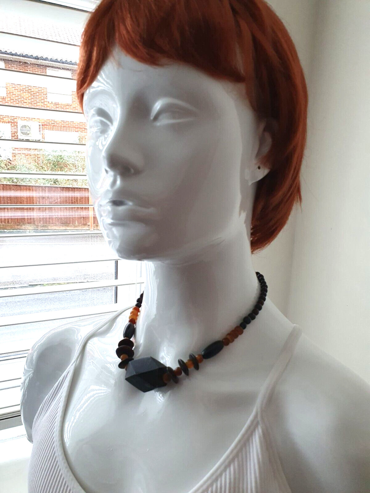 Vintage Artisan Black Orange Chunky Acrylic Beaded Boho Festival Necklace