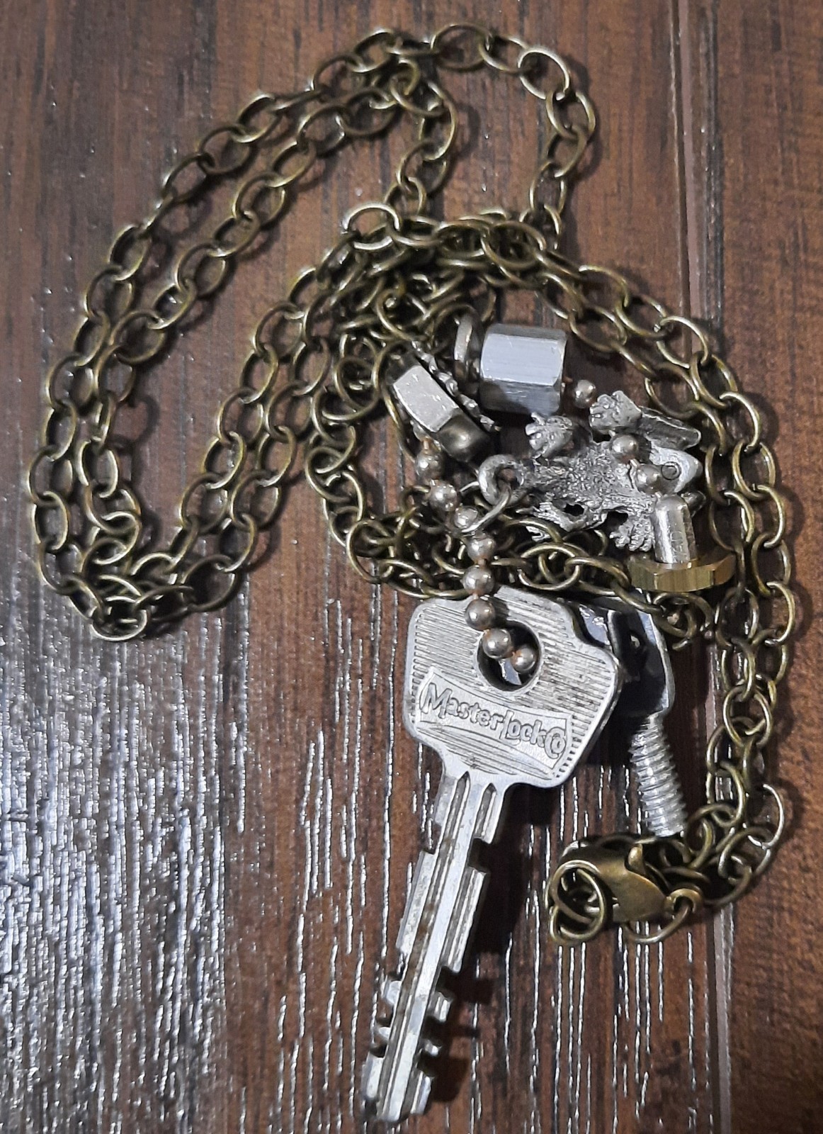 27 Inch Rustic Charm Necklace With Key, Nuts, Bolts Washers And Frog~ Steampunk