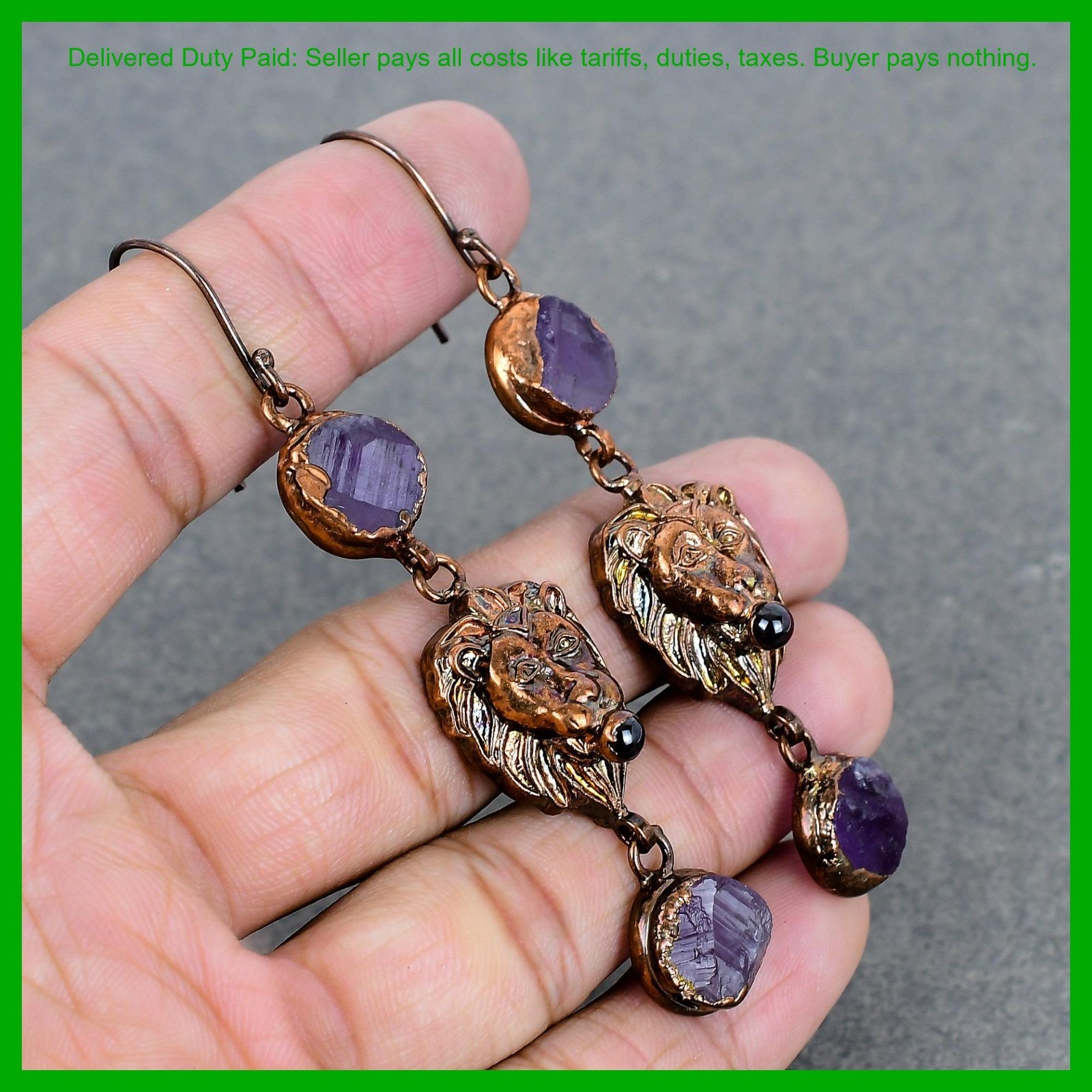 African Amethyst Rough Stone Copper Dangle Electroformed And Lion Face Earrings
