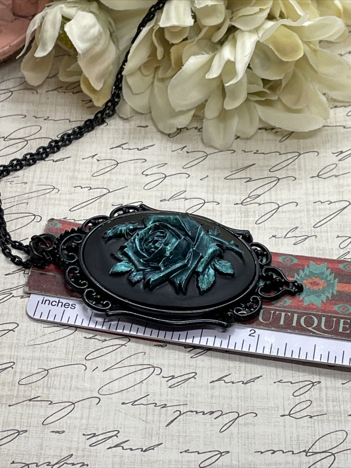 Teal Iridescent Rose Gothic CHRISTMAS Cameo Green Necklace Pendant Victorian