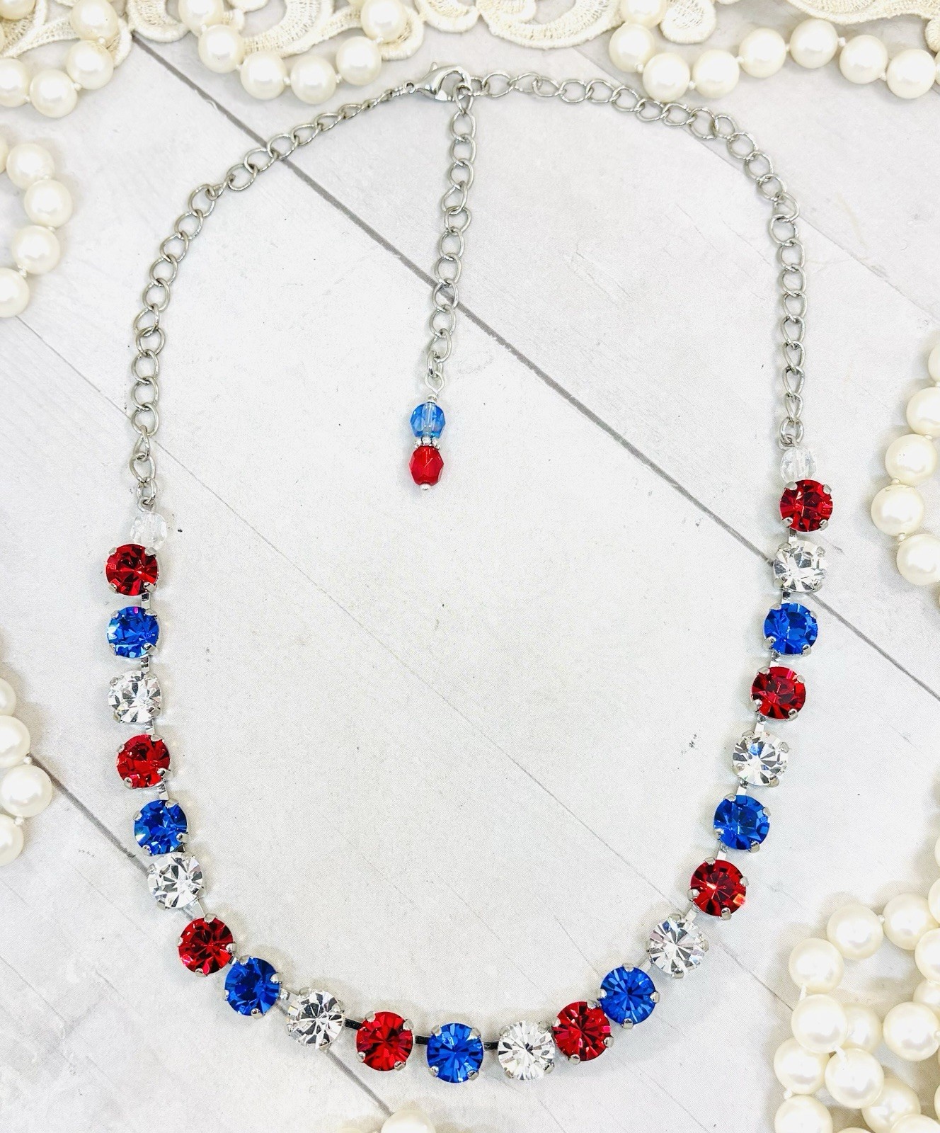 Shiny Silver Plated Patriotic Red, White, and Blue Crystal Cup Chain Necklace